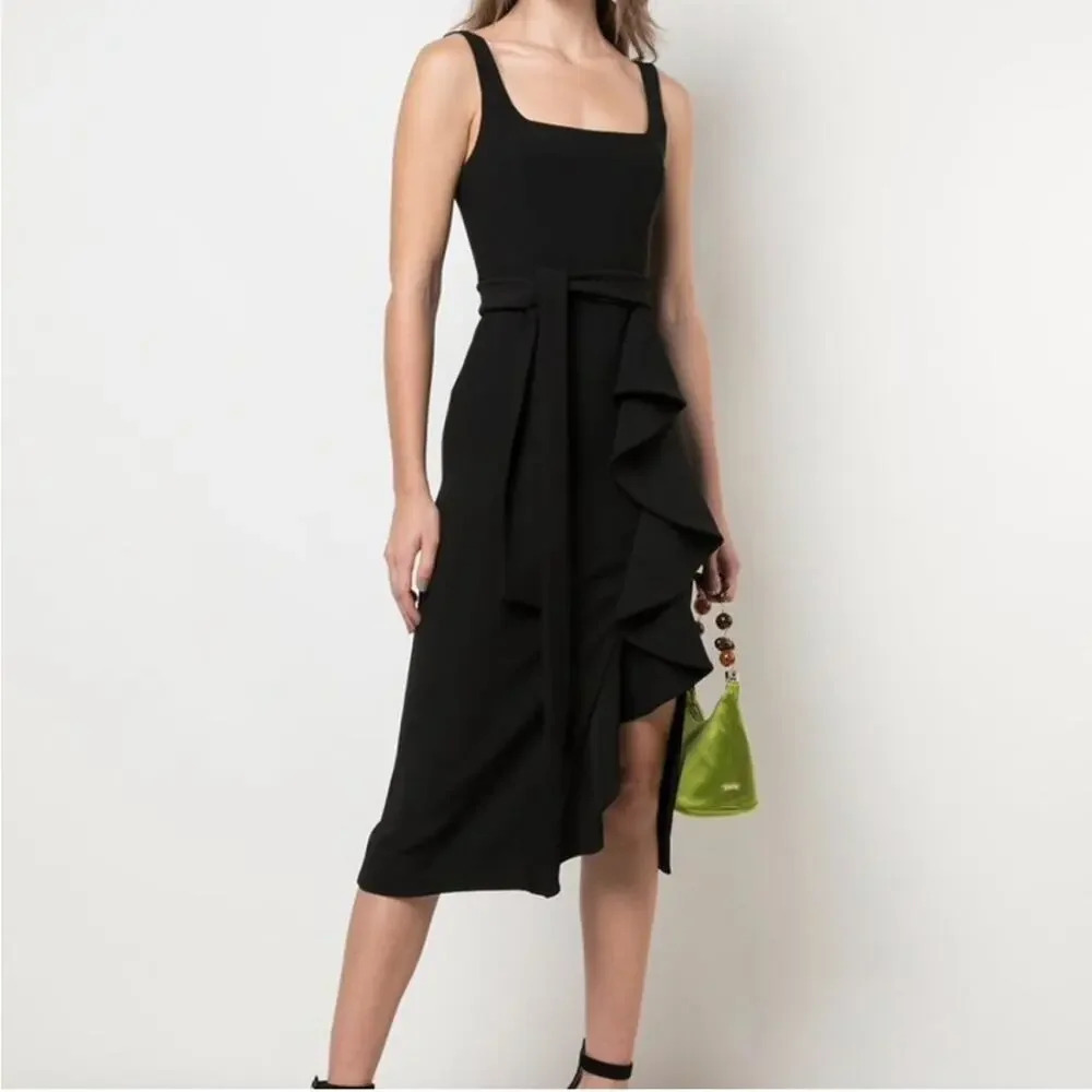 SHONA‎ JOY Ruffle Front Tie Waist Midi Dress Black